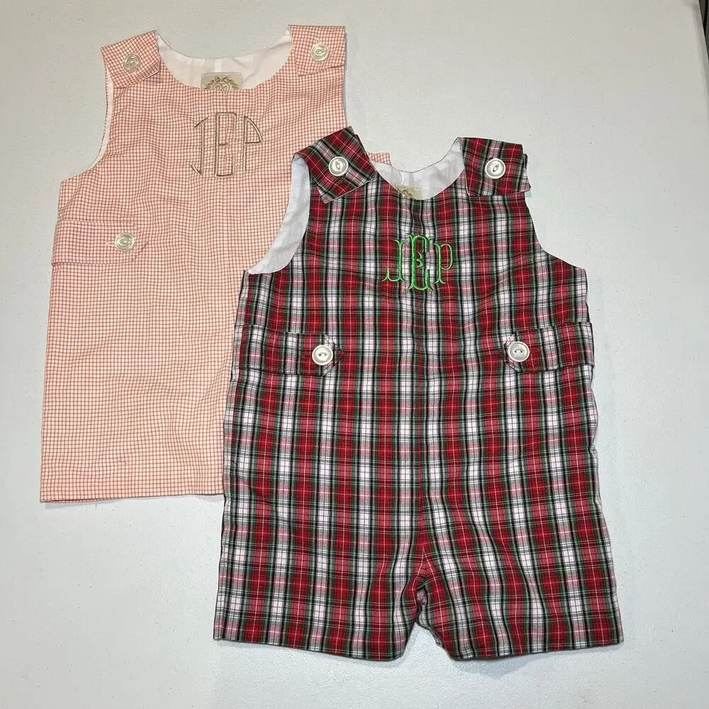 Beaufort Bonnet Embroidered JPE Lot Of Two Gingham Jack‎ Keene Jon Jon Overalls